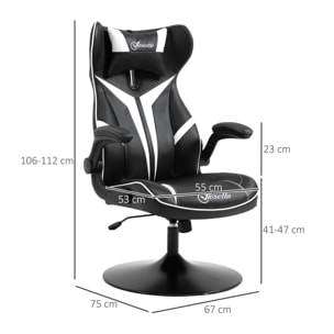 Fauteuil gaming base ronde métal pivotante 360° hauteur réglable tétière accoudoirs relevables PVC blanc noir