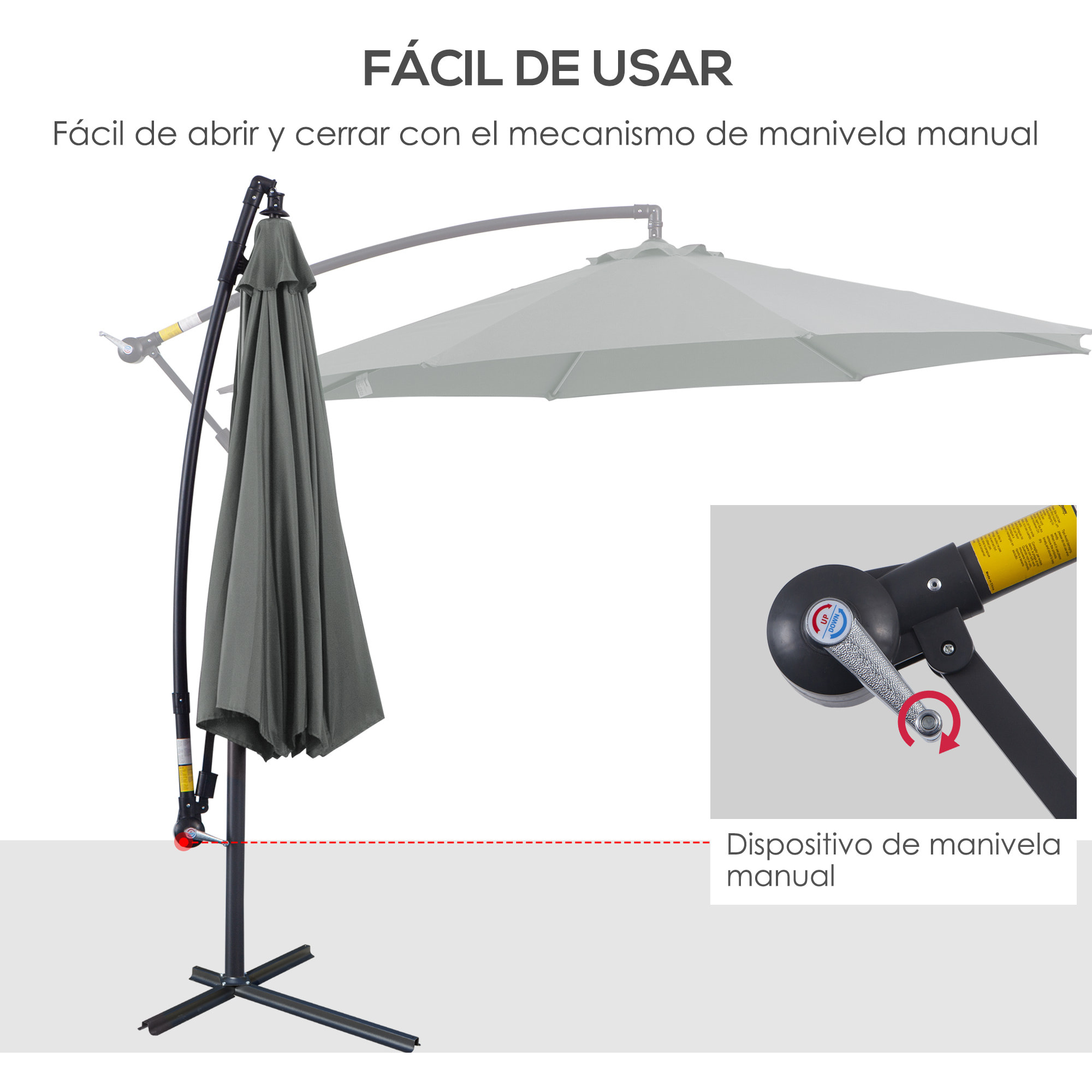 Sombrilla de Jardín Ø300x250 cm Parasol Excá©ntrico Inclinable con Manivela Base Cruzada y Soporte de Acero Protección Solar para Terraza Exterior Gris