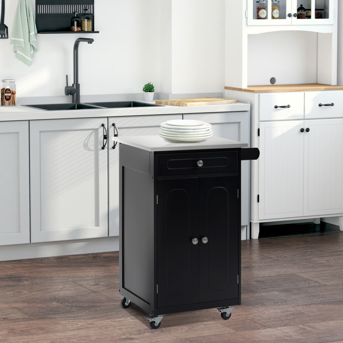 Desserte de cuisine multi-rangements 1 tiroir placard 2 portes avec étagère porte-torchons MDF noir acier inox.