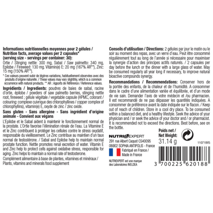 NUTRI EXPERT - Prostagenol - Maintien de la santé du système urinaire et du fonctionnement de la prostate - 60 gélules végétales - Lot de 3 produits