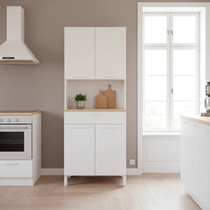 Mobile Ausiliario Da Cucina Mobiletto Con Vano Microonde Credenza Alta con 4 Ante e 1 Cassetto Madia Dispensa 186 x 72 x 40 Cm Bianco E Rovere