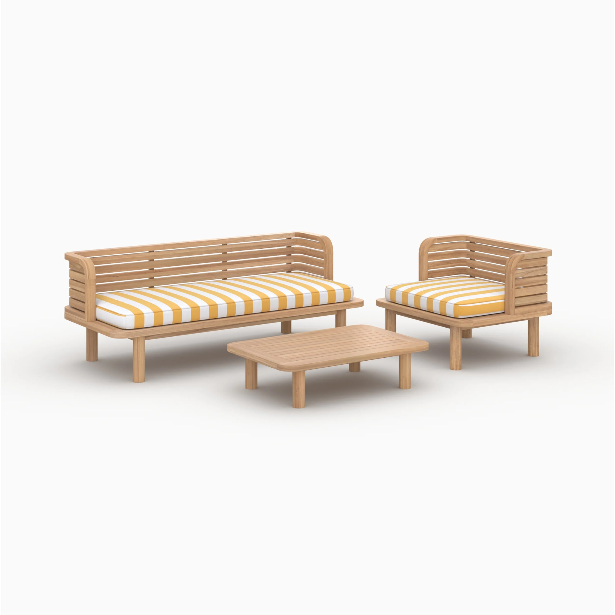 Salon de jardin 3 places en bois de teck et tissu rayé jaune - Kilda