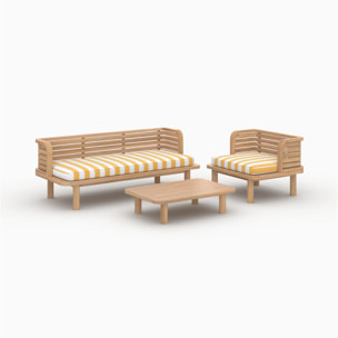 Salon de jardin 3 places en bois de teck et tissu rayé jaune - Kilda