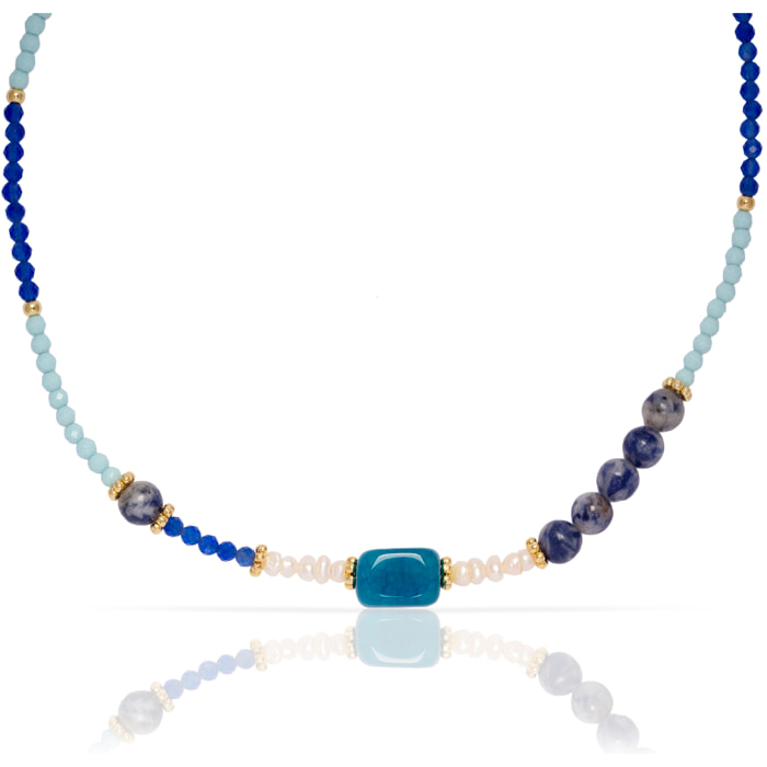 Nox Collar de perlas naturales, cristal con diseño de ojo de gato y piedra natural con vetas azules, con cierre de mosquetón.