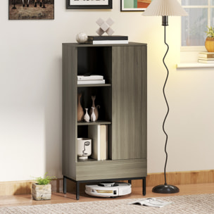 Buffet haut - porte, étagère, tiroir, 3 niches - 60 x 34 x 121 cm - piètement acier noir effet bois gris