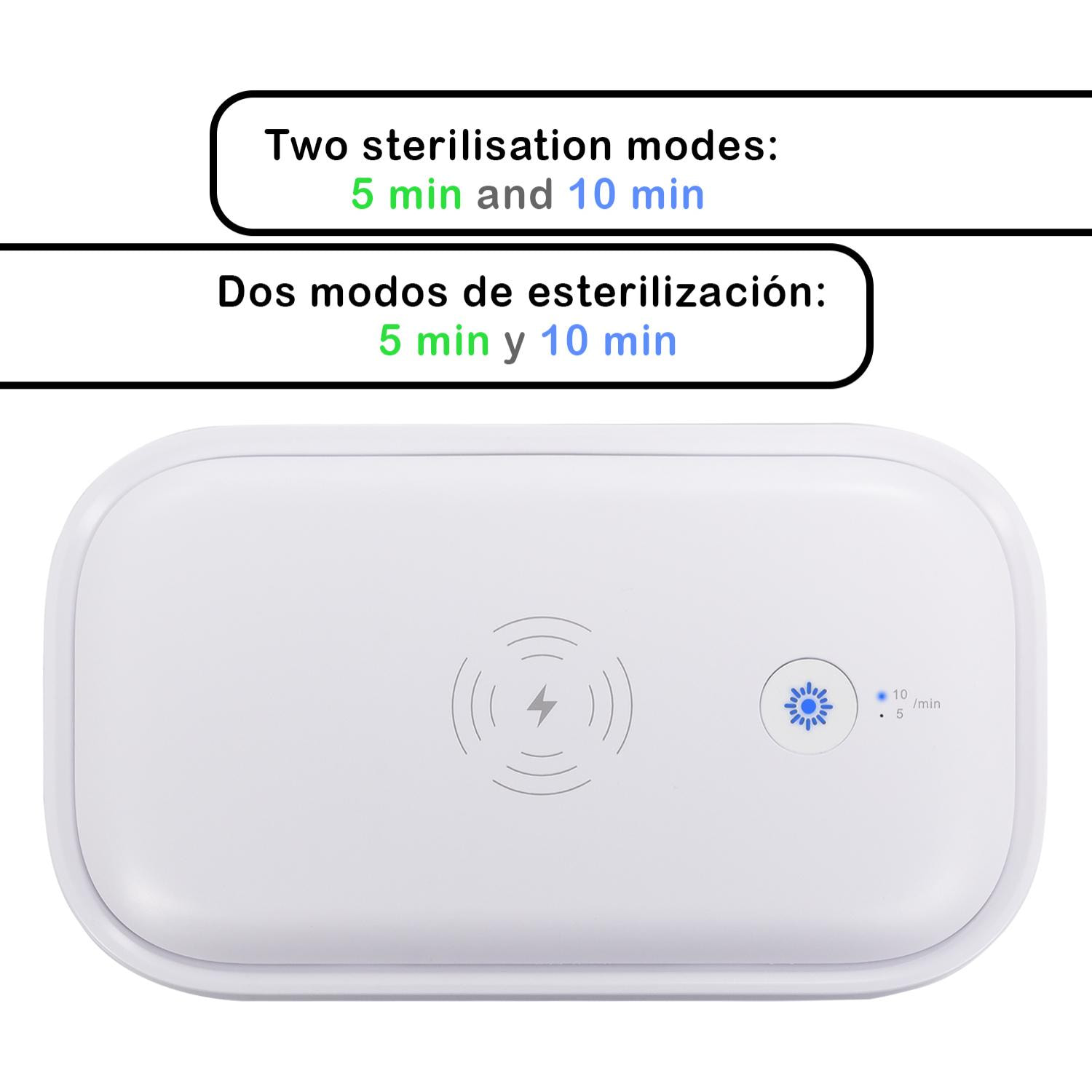 Caja de esterilización por luz UV con cargador inalámbrico Qi y función aromaterapia.