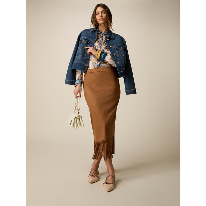 Oltre - Gonna tubino con frange - Marrone