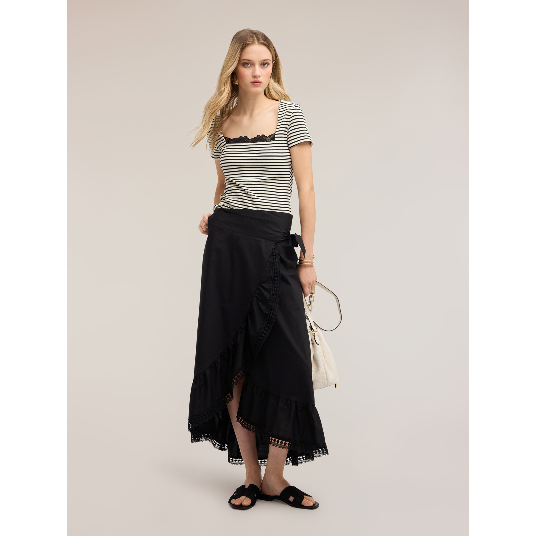 Motivi - T-shirt a righe con dettaglio in pizzo - Nero