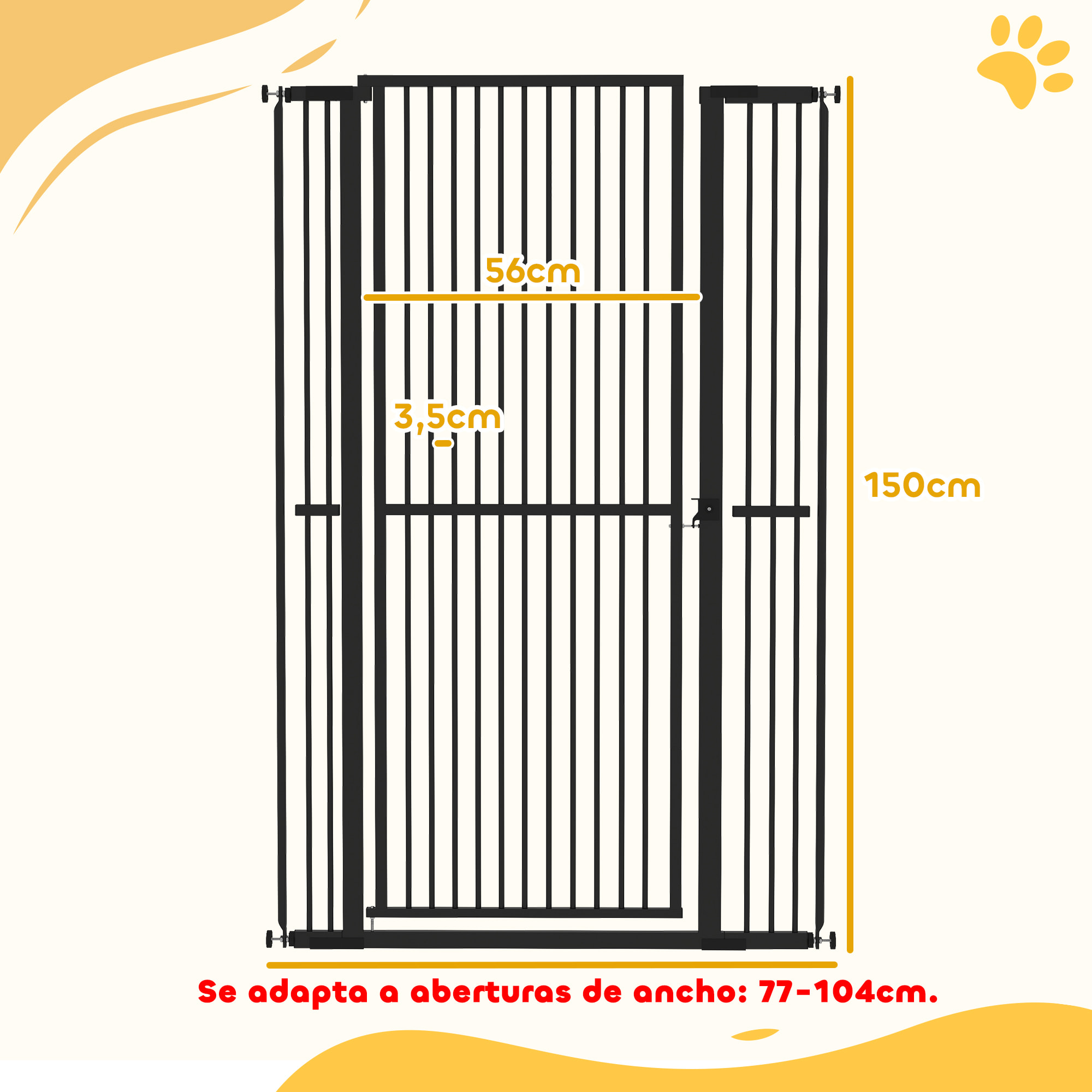 Barrera de Seguridad para Perros y Gatos Extra Alta 150 cm, Barrera para Perros Extensible 77-104 cm para Puertas y Escaleras, con Montaje a Presión, 2 Extensiones y Puerta de Paso, Negro