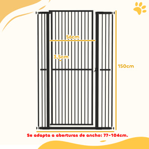 Barrera de Seguridad para Perros y Gatos Extra Alta 150 cm, Barrera para Perros Extensible 77-104 cm para Puertas y Escaleras, con Montaje a Presión, 2 Extensiones y Puerta de Paso, Negro