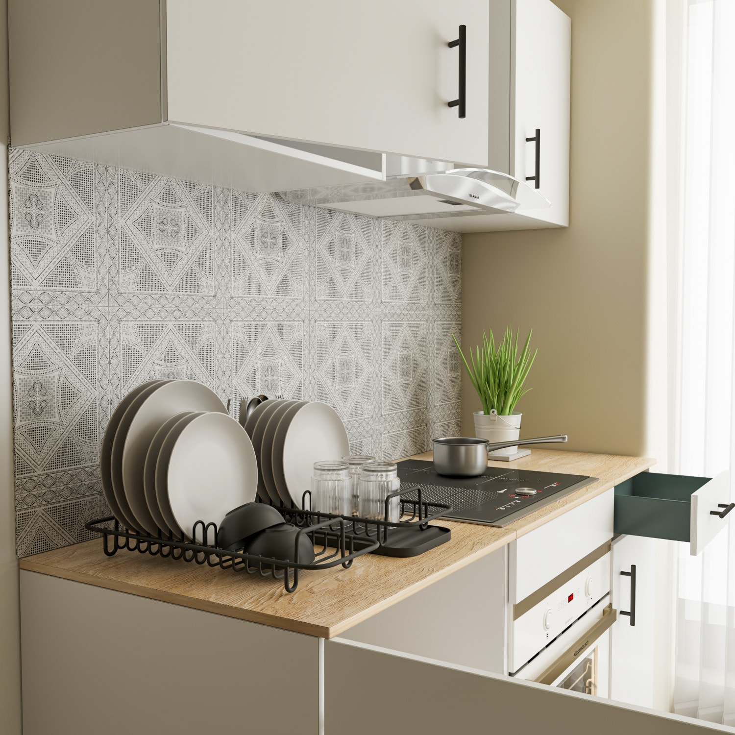 Cucina Componibile Completa Da 160 Cm Moderna con Cassetti Ammortizzati Piedini Regolabili Moduli Pensili Facile Da Installare Bianco Lucido e Rovere