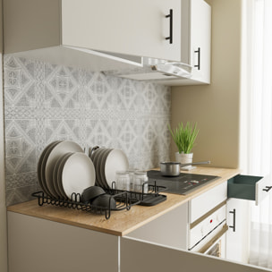 Cucina Componibile Completa Da 160 Cm Moderna con Cassetti Ammortizzati Piedini Regolabili Moduli Pensili Facile Da Installare Bianco Lucido e Rovere