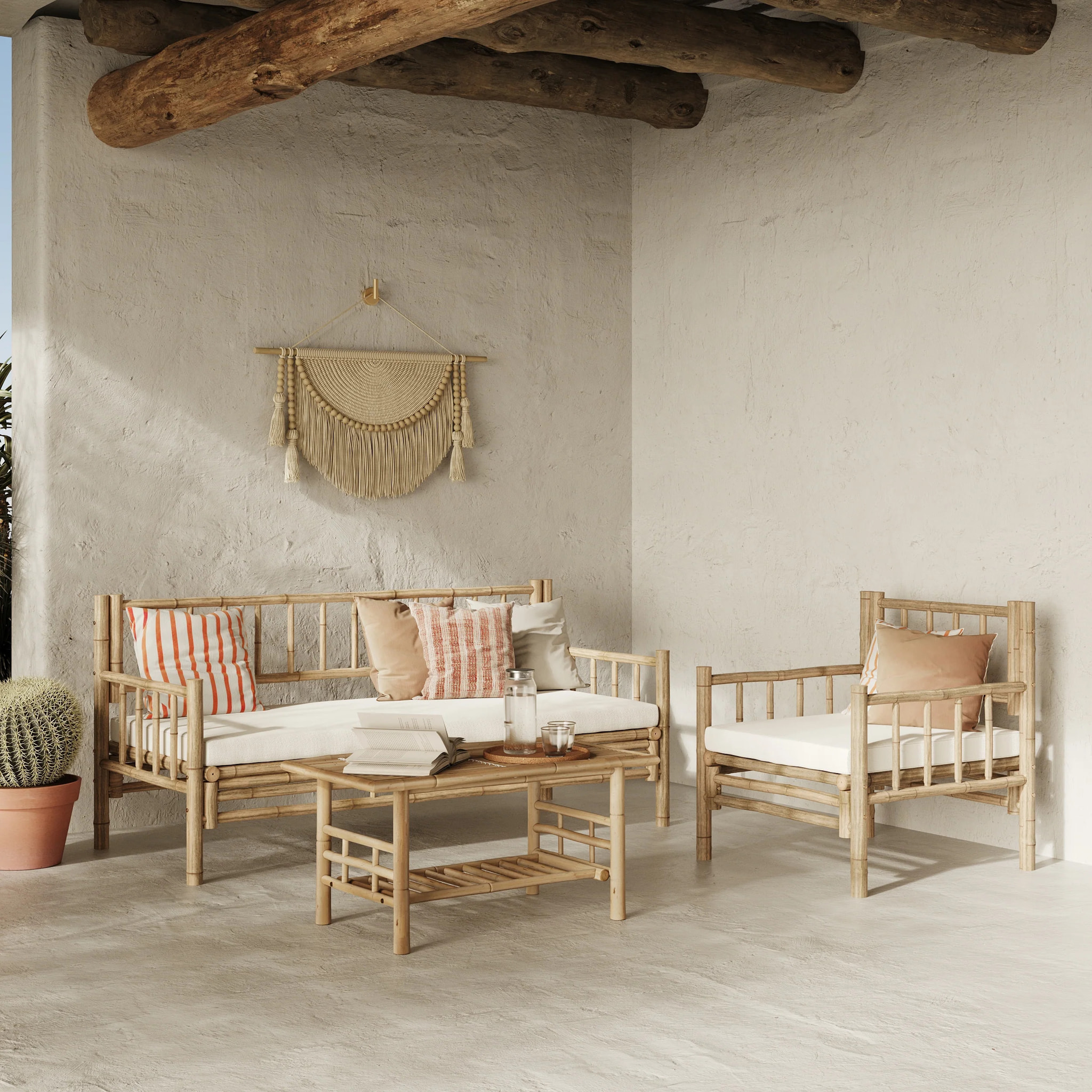 Salon de jardin en bambou avec canapé, fauteuil et table basse - Vadella