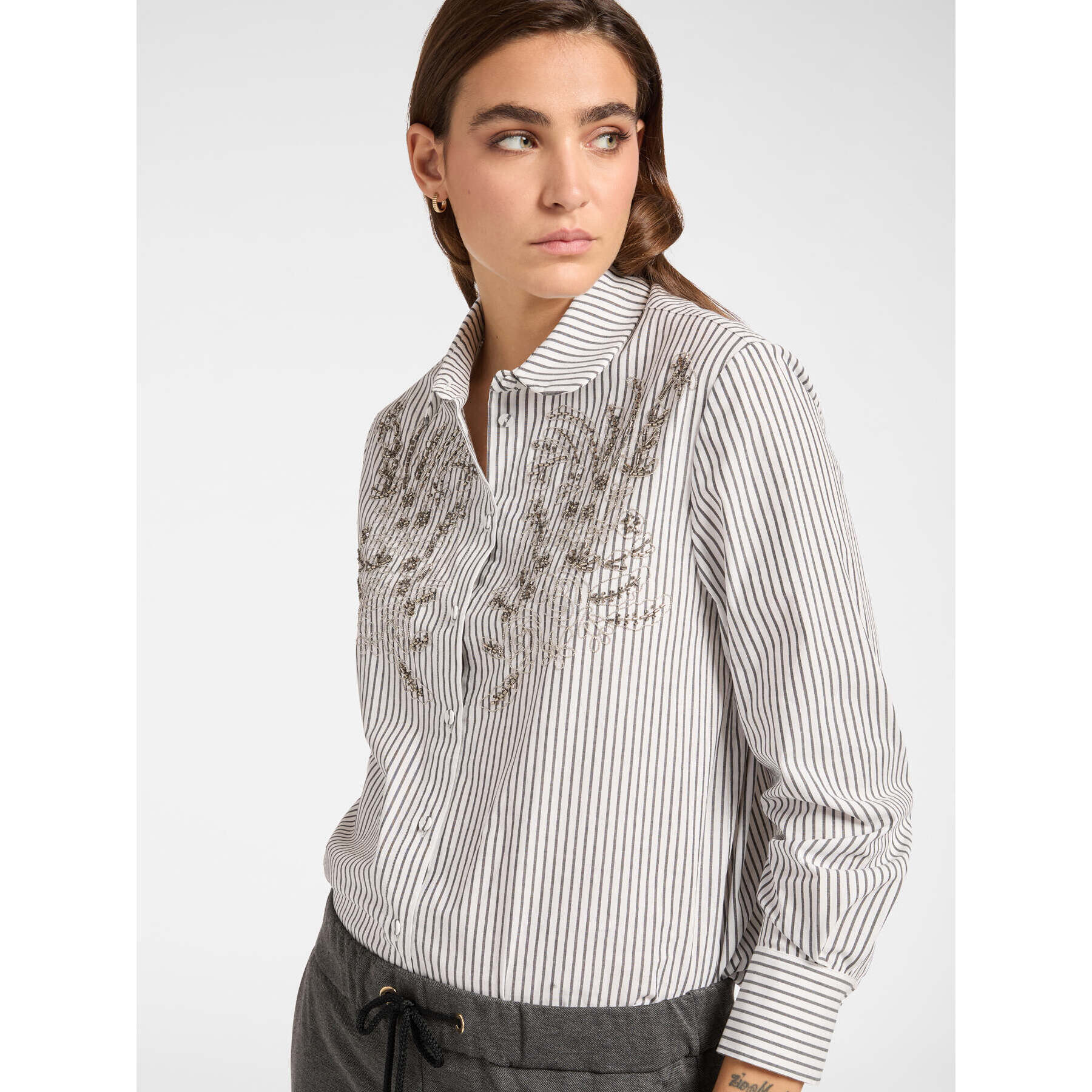 Elena Mirò - Camicia a righe con ricamo a mano - Nero