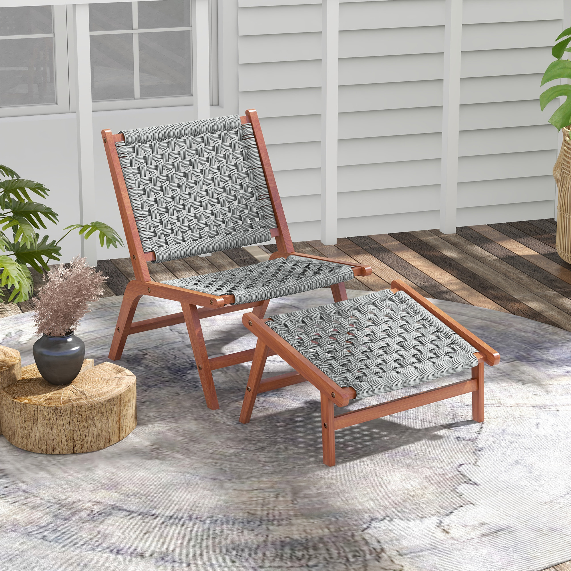 Fauteuil relax de jardin avec repose-pied bois d'acacia résine tressée grise