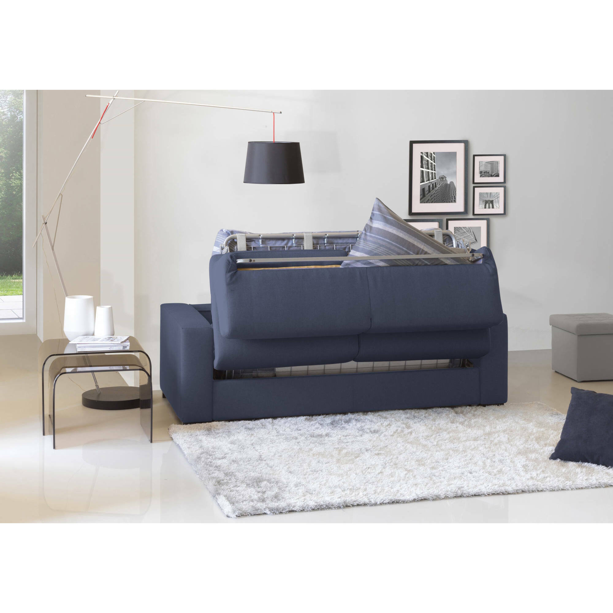 Divano Letto Algisa, Divano a 2 posti Large, 100% Made in Italy, Sofà Soggiorno con apertura girevole, in tessuto imbottito, con Braccioli slim, Cm 180x95h90, Blu