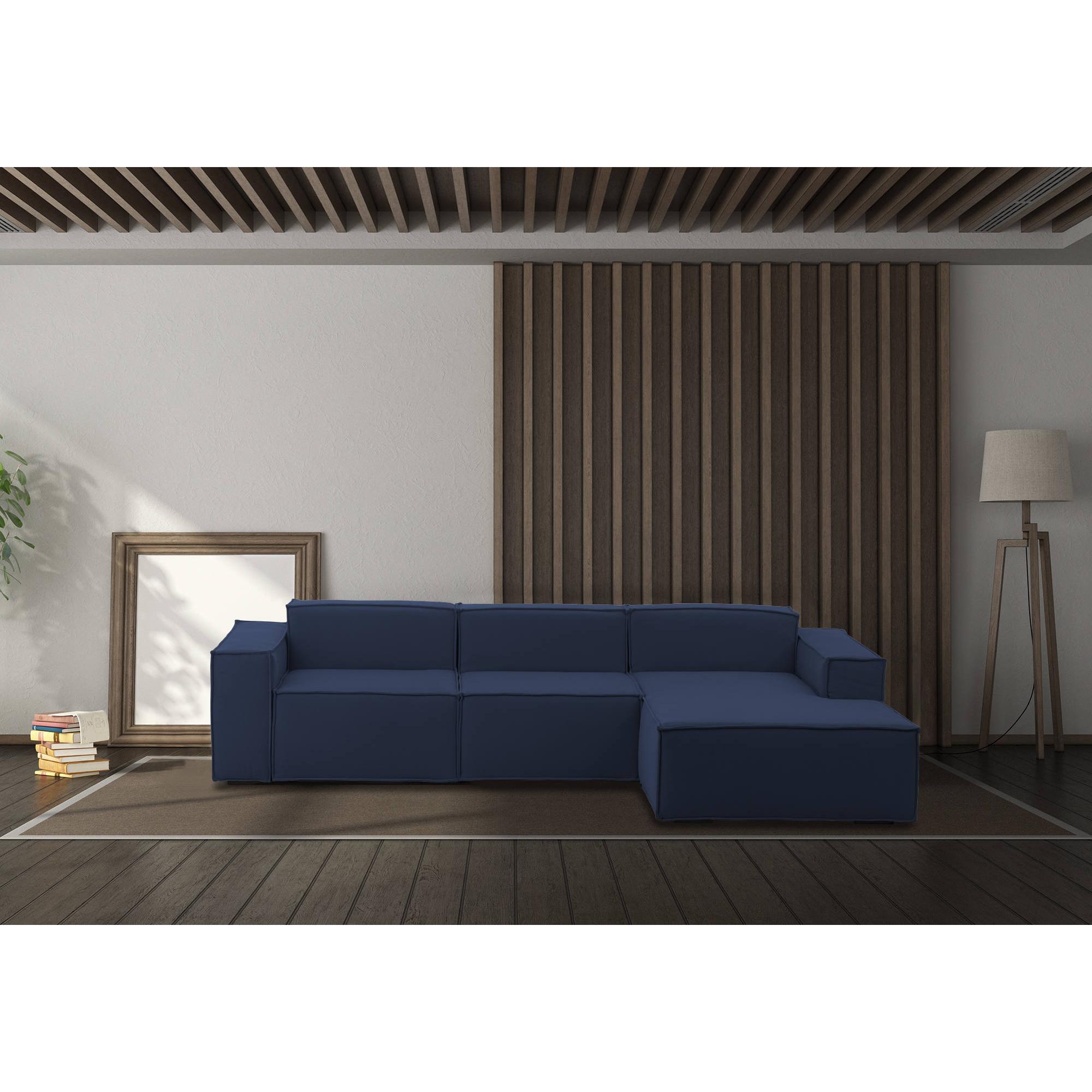 Divano fisso Giovanna, Divano componibile a 3 posti con penisola destra, 100% Made in Italy, Sofà moderno in tessuto, Cm 300x170h70, Blu