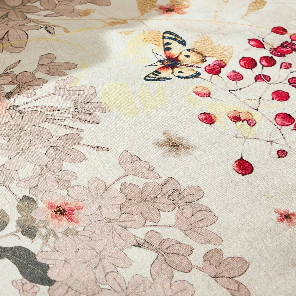 Lot h.couette +taies percale de coton lavé 115 g/m² imprimé beige bordeaux Vintage flowers cranberry