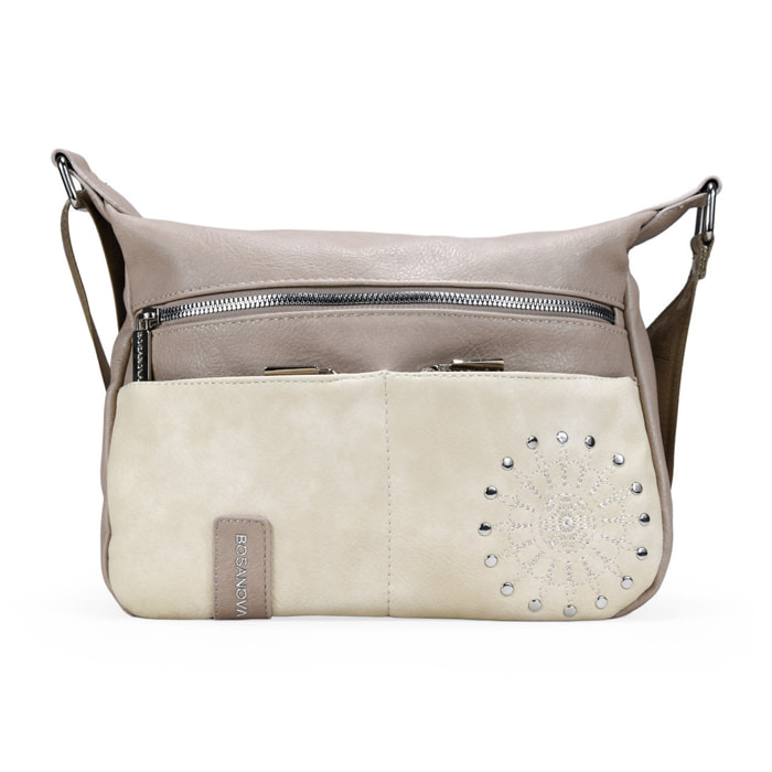 Bolso bandolera beige con cremalleras y tachas