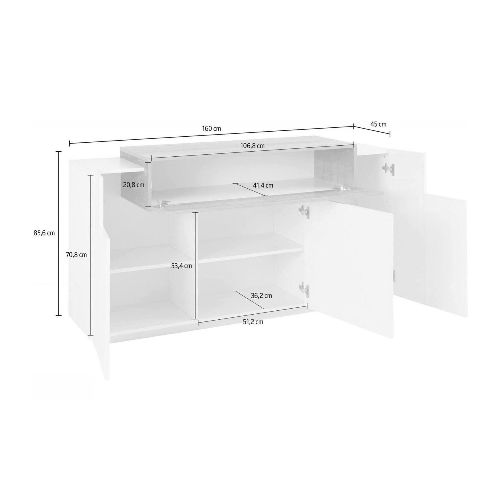 Credenza moderna a 4 ante con ribalta, Made in Italy, Madia da cucina, Buffet di design da soggiorno, cm 160x45h86, colore Bianco lucido e Acero