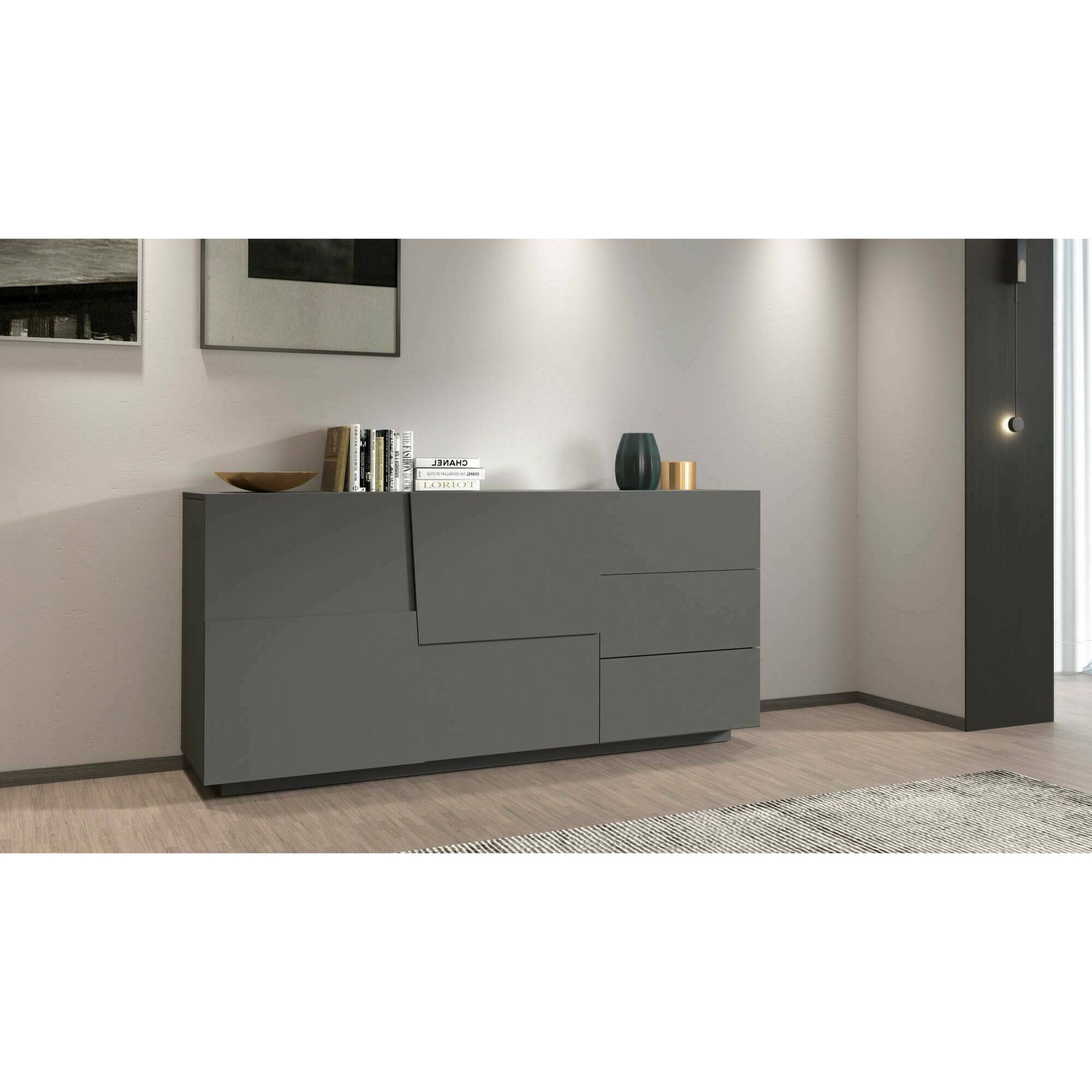 Credenza Ddalessi, Buffet da soggiorno, Madia da salotto con 2 ante e 3 cassetti, 180x44h86 cm, Antracite