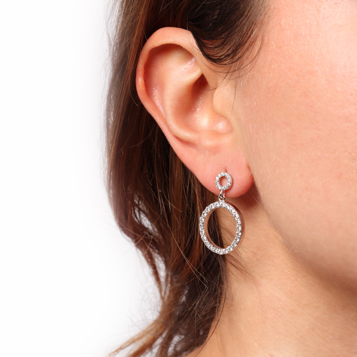 Orecchini Pendenti a Doppio Cerchio con Cubic Zirconia in Argento 925 placcato Platino