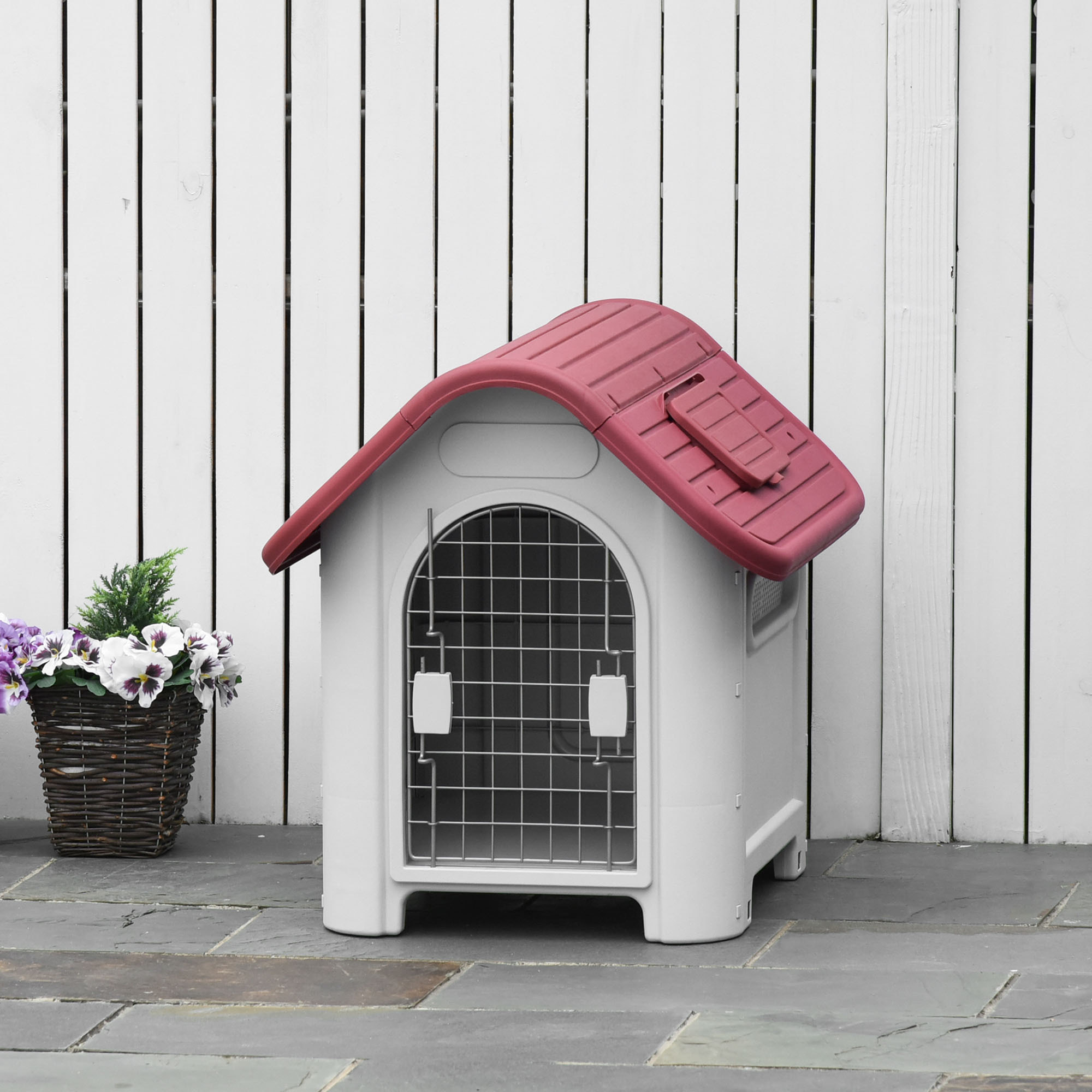 Niche pour chien plastique porte métal verrouillable aérations lucarne - 59 x 75 x 66 cm - gris clair rouge