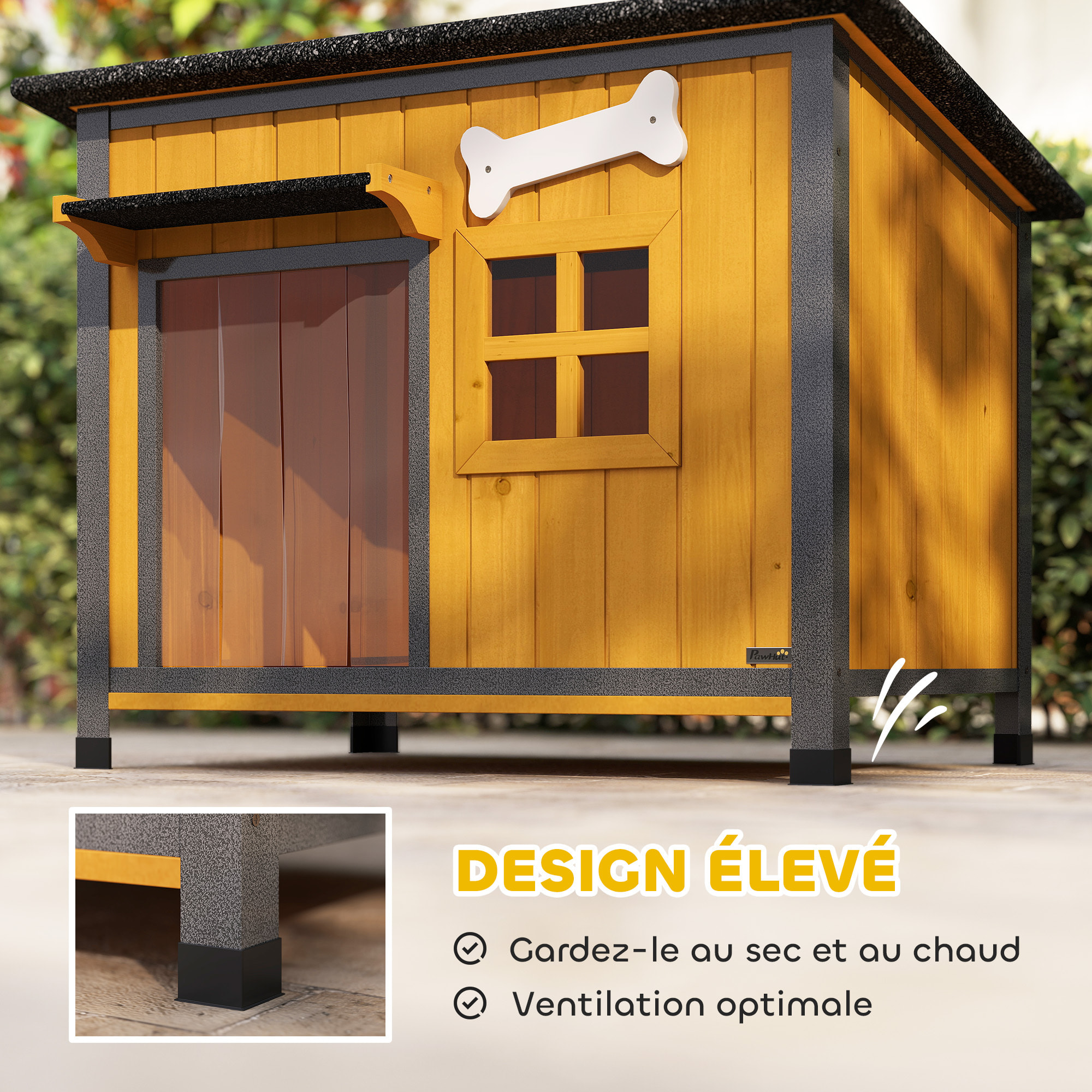 Niche pour chien acier bois pré-huilé design maisonnette toit ouvrant