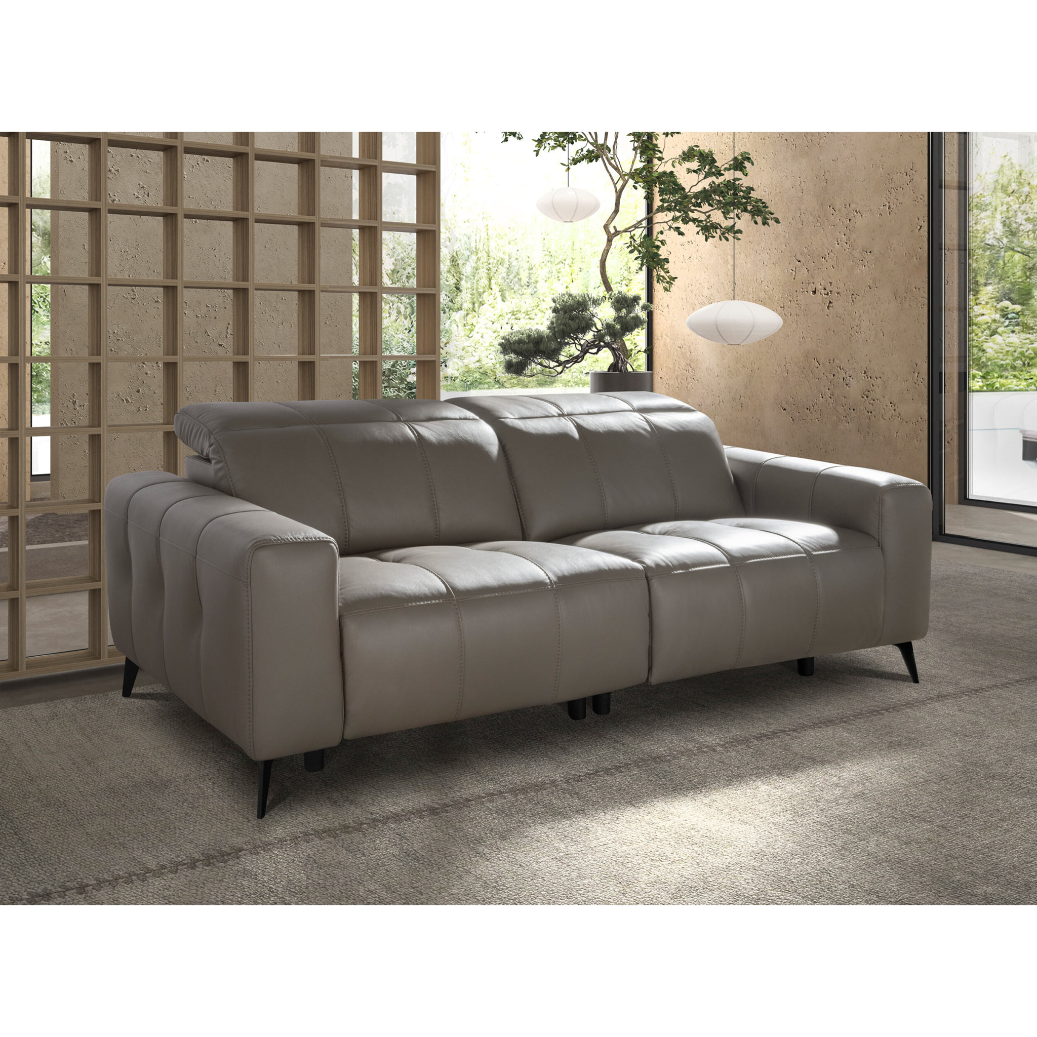 Sofá relax Angel Cerdá de 3 plazas tapizado en piel de origen vacuno en gris con reposacabezas patas de acero inoxidable en epoxi negro 2 sistemas de relax eléctrico 216x110x98cm