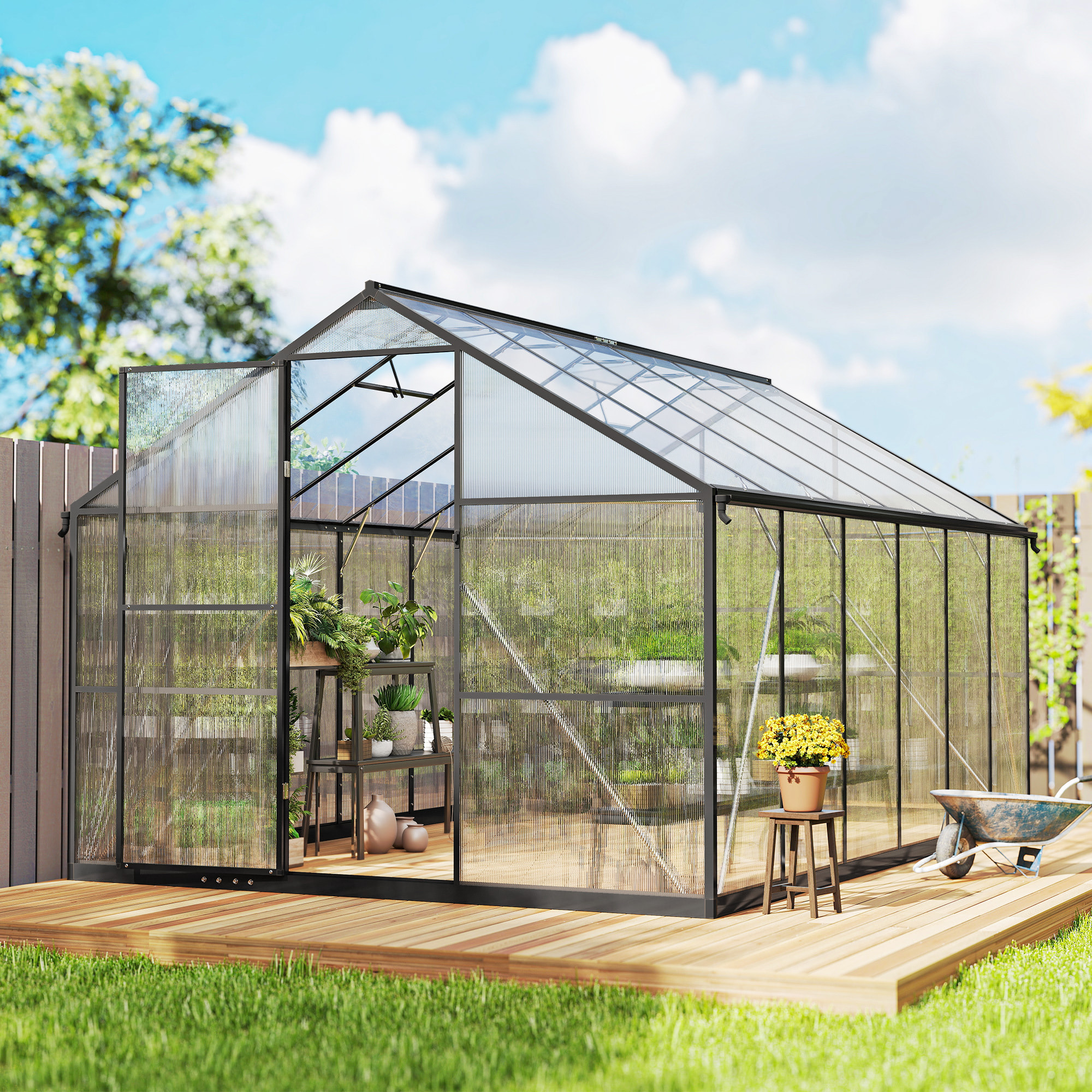 Serre de jardin 8,45 m² aluminium avec parois polycarbonate porte 2 lucarnes