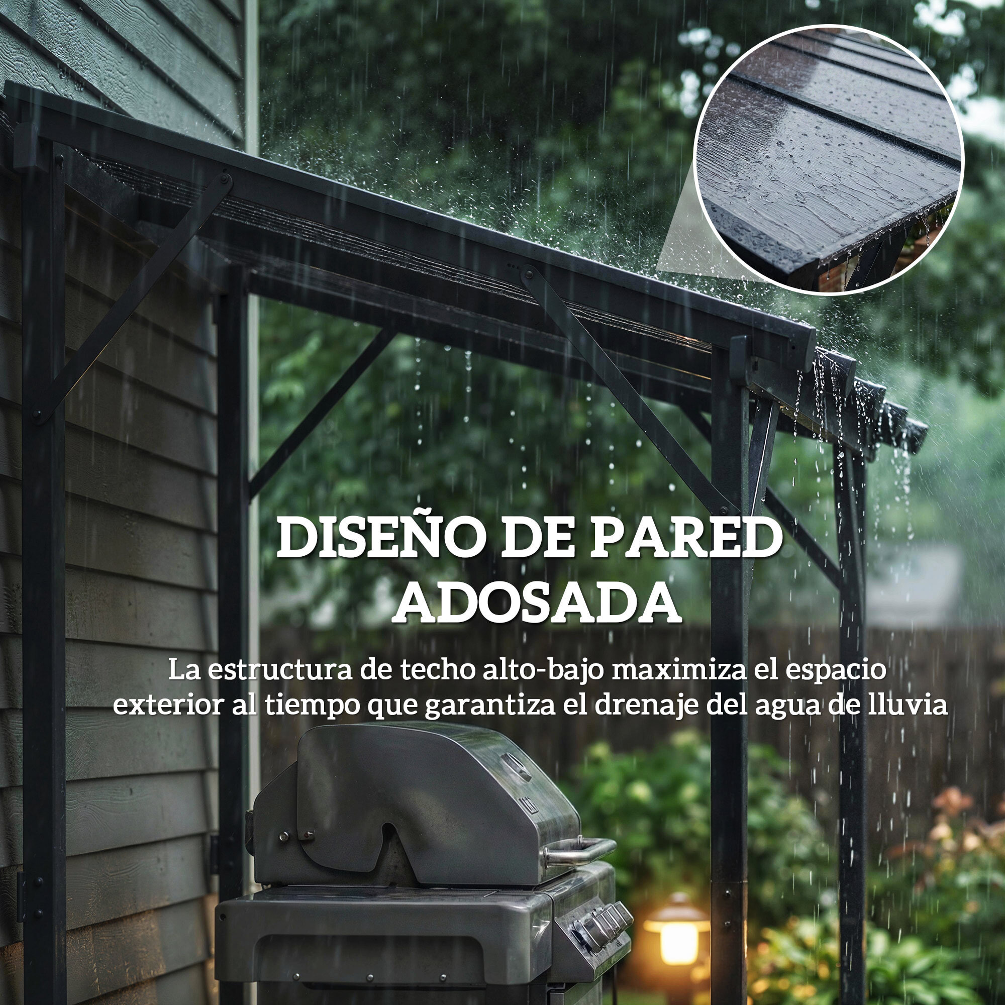 Carpa Barbacoa 2,5x1,5 m, Gazebo para Barbacoa con Techo Inclinable de Policarbonato, UPF50+, Estructura de Metal Galvanizado y Aluminio, Diseño Adosado para Jardín Exterior, BBQ, Gris Oscuro