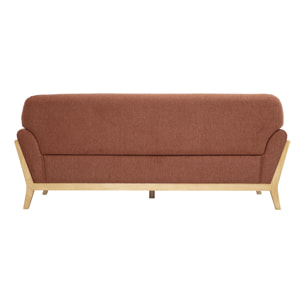 Canapé scandinave 3 places en tissu effet velours texturé terre brûlée et bois clair YOKO