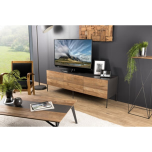MAXENCE - Meuble TV 2 portes 1 tiroir bois Teck recyclé métal et pieds métal gris anthracite