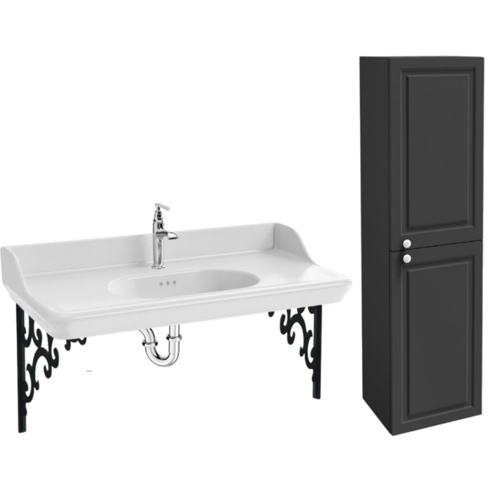 Plan vasque suspendu Cléo 1889 avec équerres métal noir + colonne droite + robinet lavabo chromé + siphon chromé