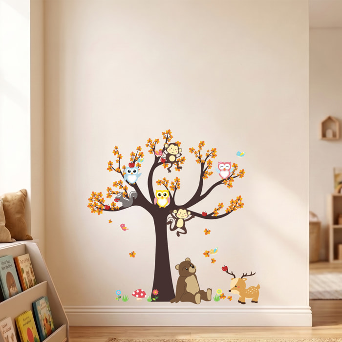 Stickers Muraux décoration adhésifs arbre géant avec hibou, singe et ours