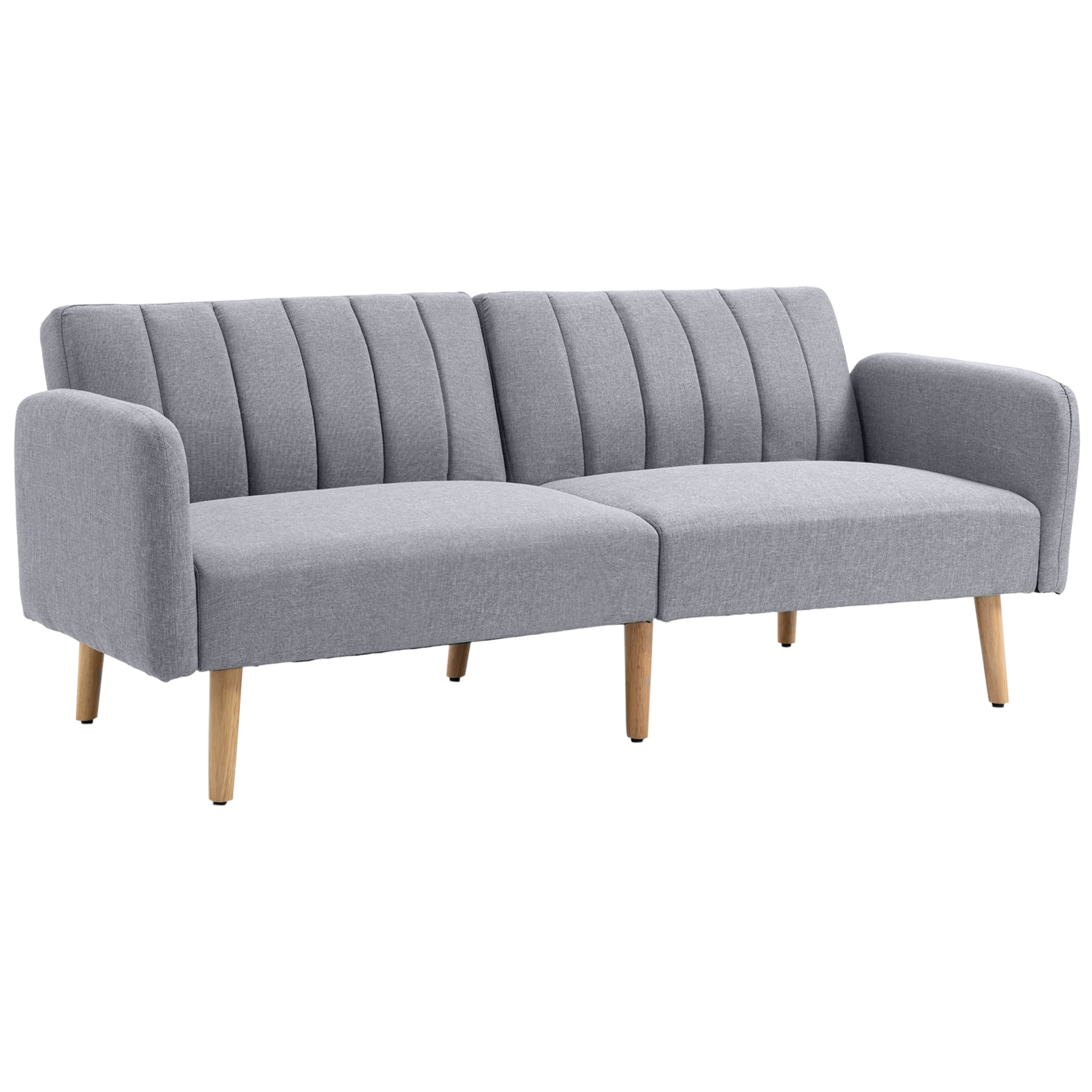 Canapé convertible 2 places design scandinave dossier inclinable 3 positions pieds bois tissu aspect lin gris