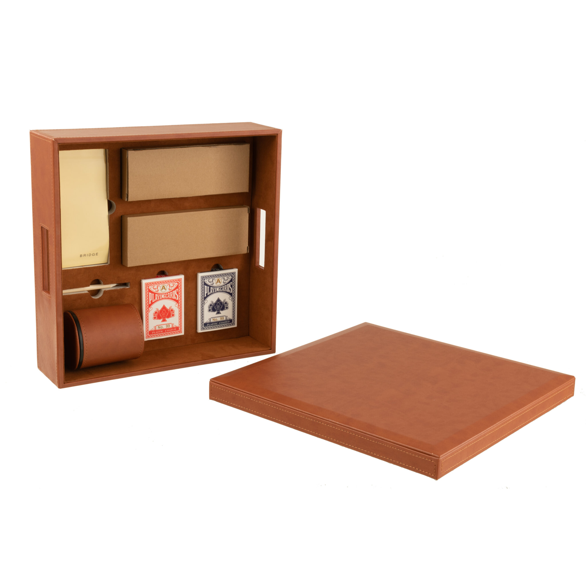 J-Line Boite Jeu De Cartes+Echecs Simili Cuir Cognac