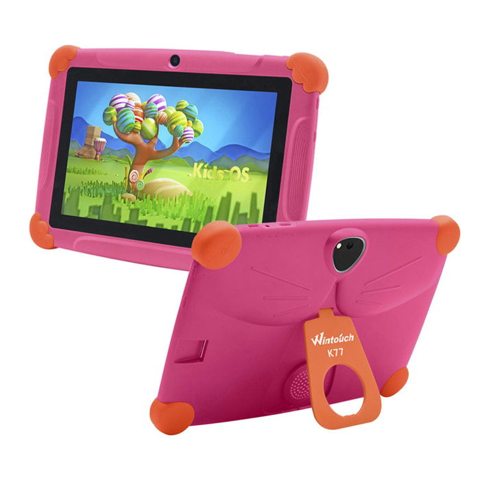 Tablet per bambini WiFi K77. Sistema operativo Android 7. Schermo da 7 pollici 1024x600px. MTK8321 Quad-Core da 1,3 GHz, 1 GB di RAM + 8 GB. Doppia fotocamera.