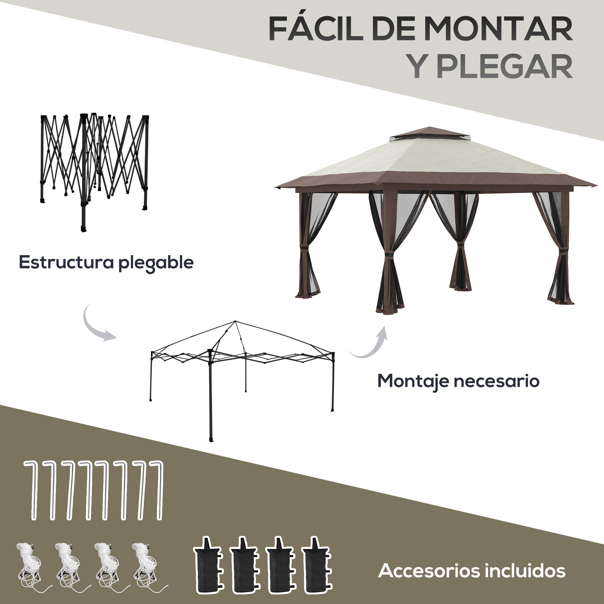 Carpa Plegable Pop-up 4x4x2,8 m Cenador de Jardín con Paredes Altura Ajustable Anti-UV Impermeable Doble Techo Mosquiteras y Bolsa de Ruedas Gazebo para Fiestas Camping Beige