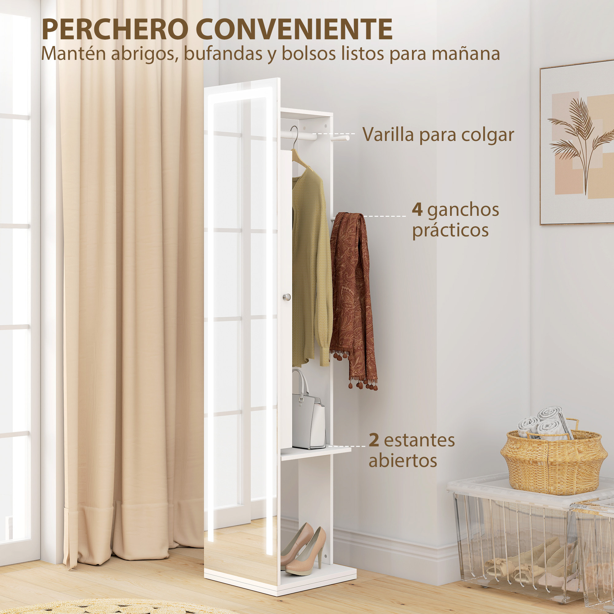 Espejo Joyero con Luces LED, Armario para Joyas, Armario Joyero con Espejo Entero, Perchero, Giratorio de 360°, Estantes Abiertos, Barras para Colgar, Blanco