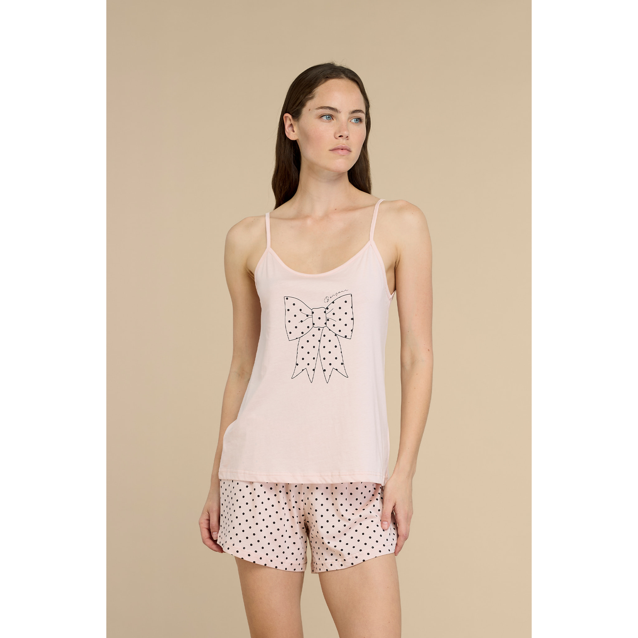 Pigiama donna in cotone top bretellina con fiocco stampato e pantalone corto articolo pois Noidinotte