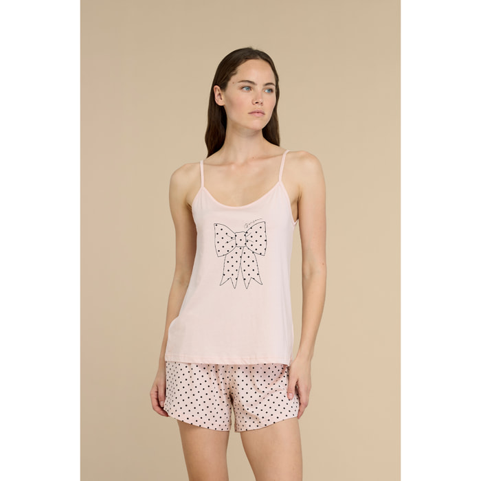 Pigiama donna in cotone top bretellina con fiocco stampato e pantalone corto articolo pois Noidinotte