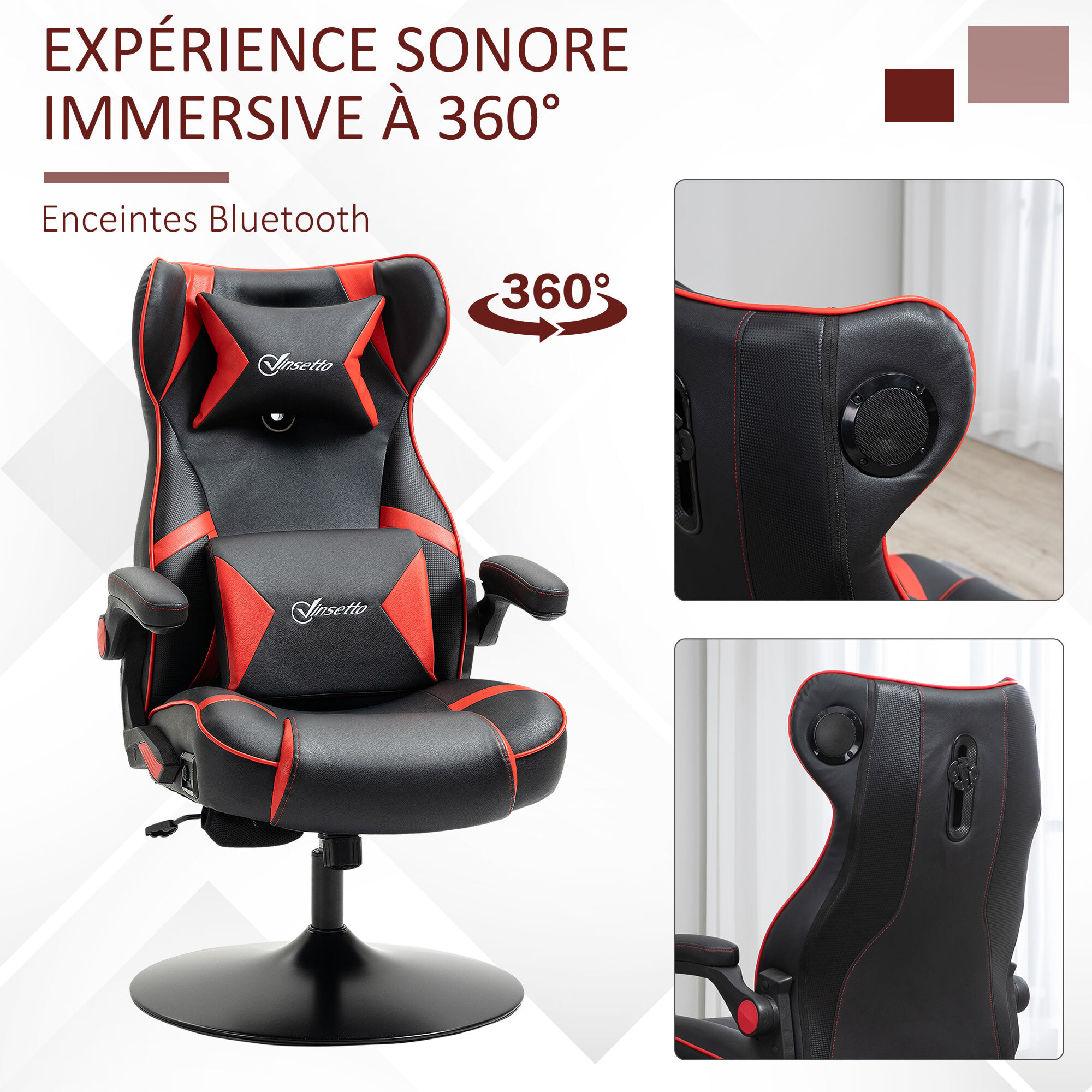 Fauteuil gaming fauteuil de bureau gamer fonction audio pivotant réglable accoudoirs relevables rouge noir