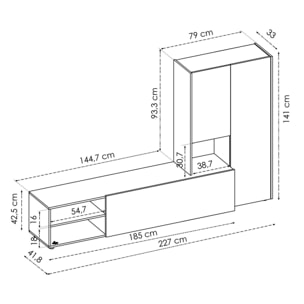 Parete attrezzata Ainos, Set da soggiorno porta TV, Mobile salotto multiuso, 227x40h141 cm, Rovere Nodi e Bianco