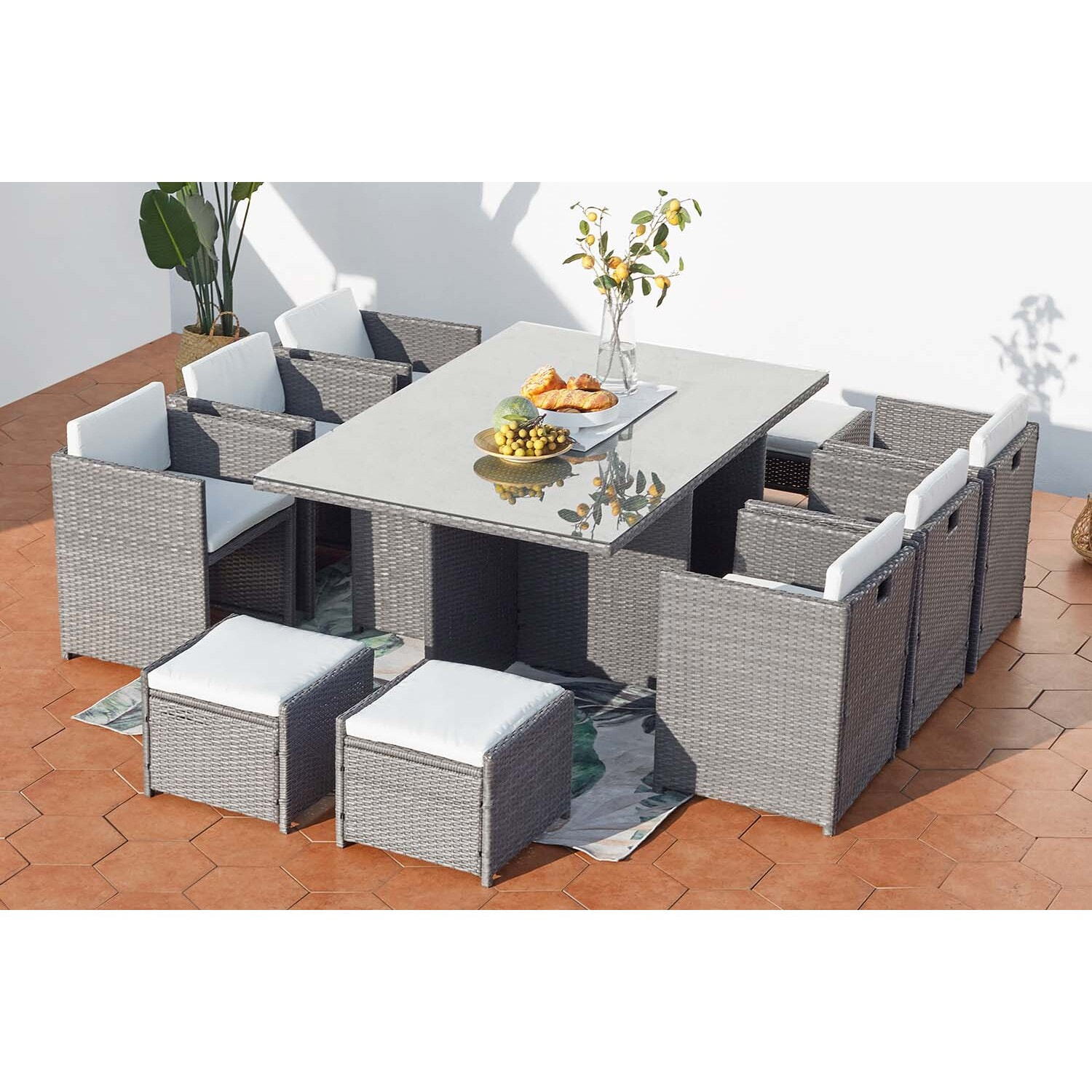 Table et chaises 10 places encastrables résine gris-blanc REGINA