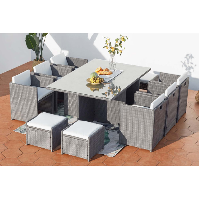 Table et chaises 10 places encastrables résine gris-blanc REGINA