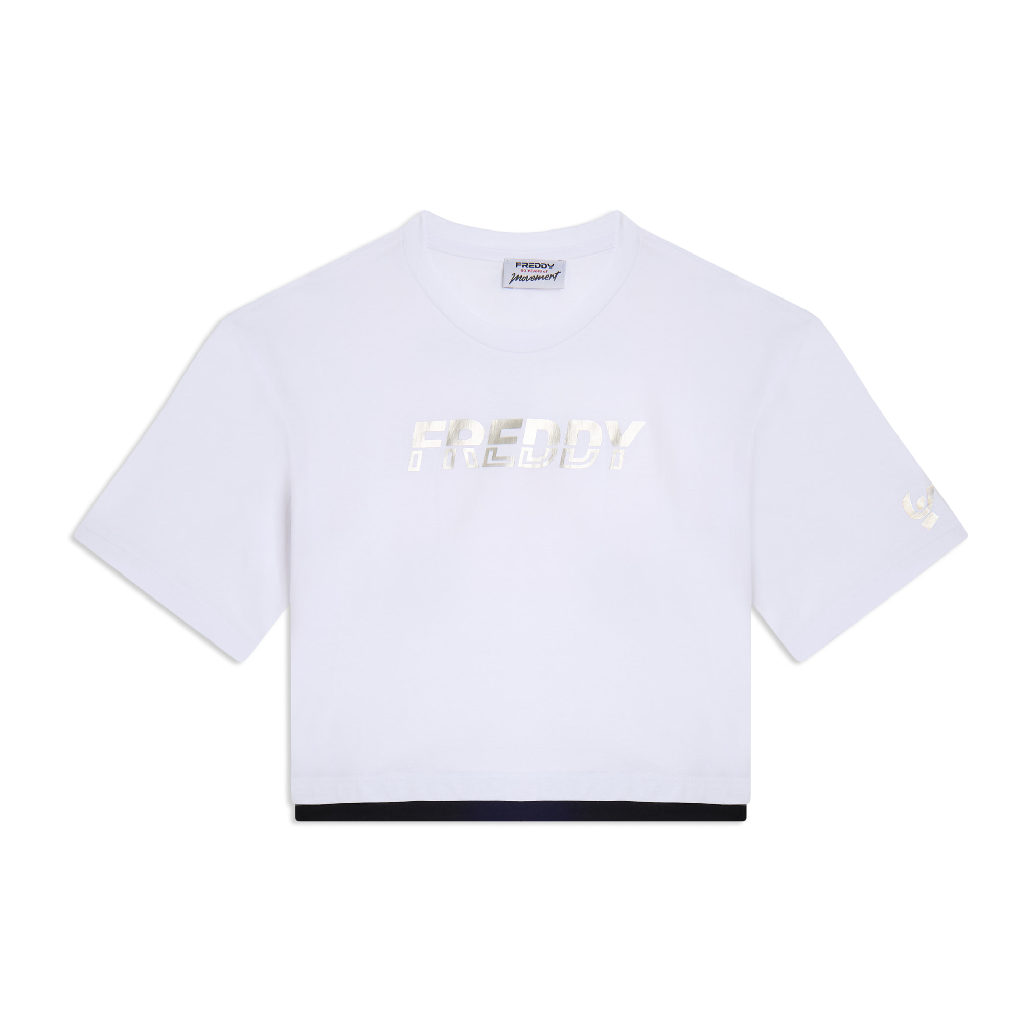 T-shirt cropped con inserto a contrasto e logo perlato