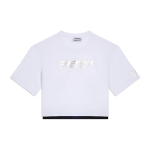 T-shirt cropped con inserto a contrasto e logo perlato