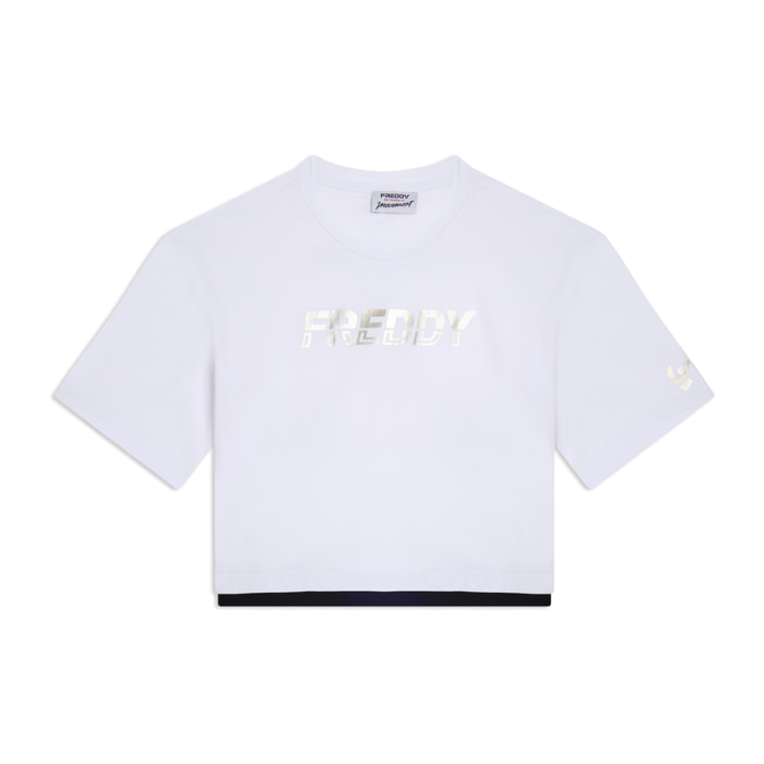 T-shirt cropped con inserto a contrasto e logo perlato