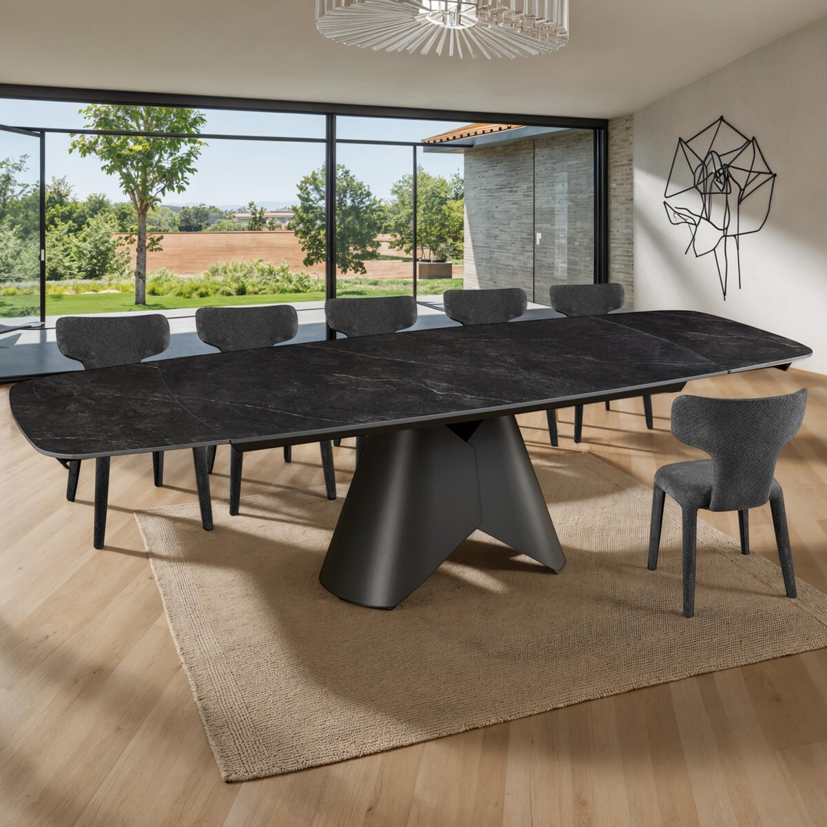 Table à manger extensible Tomasucci KAJA LARGE BLACK MARBLE - GREY, céramique effet marbre noir mat et métal gris mat, 200 à 300 cm